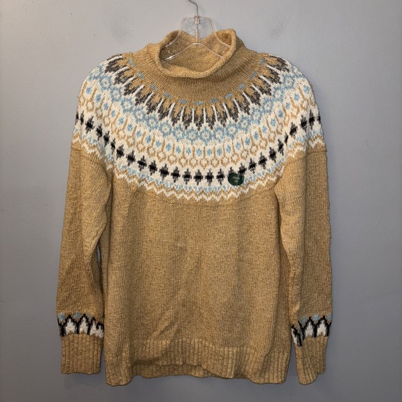 L.L. Bean Women's Cotton Ragg Sweater Funnelneck Katahdin Khaki Fair Isle MP - Picture 1 of 11